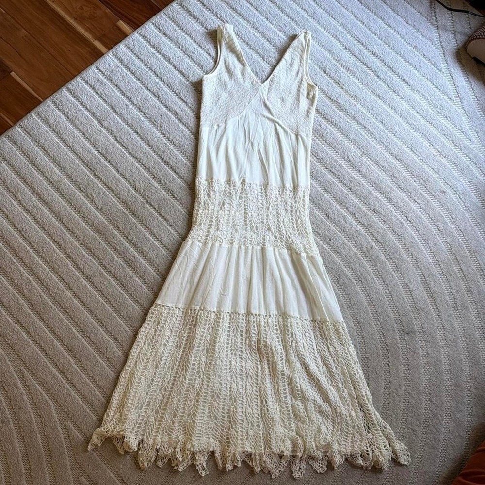 V Cristina Cream Crochet Tiered CottonMaxi Dress size M Boho Casual Feminine